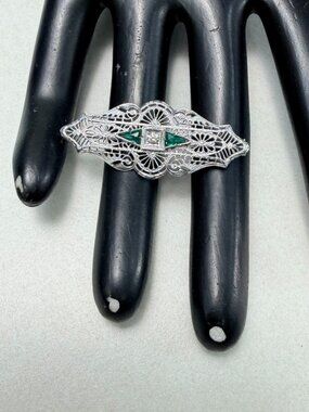 Art Deco Brooch Green Crystal Center Diamond Accent Rhodium Plated Small Pin